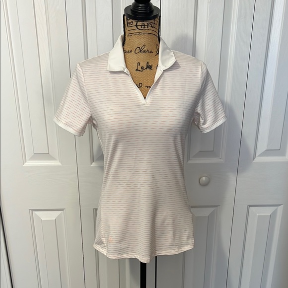 adidas Tops - Adidas White & Peach Stripe Short Sleeve Golf Polo